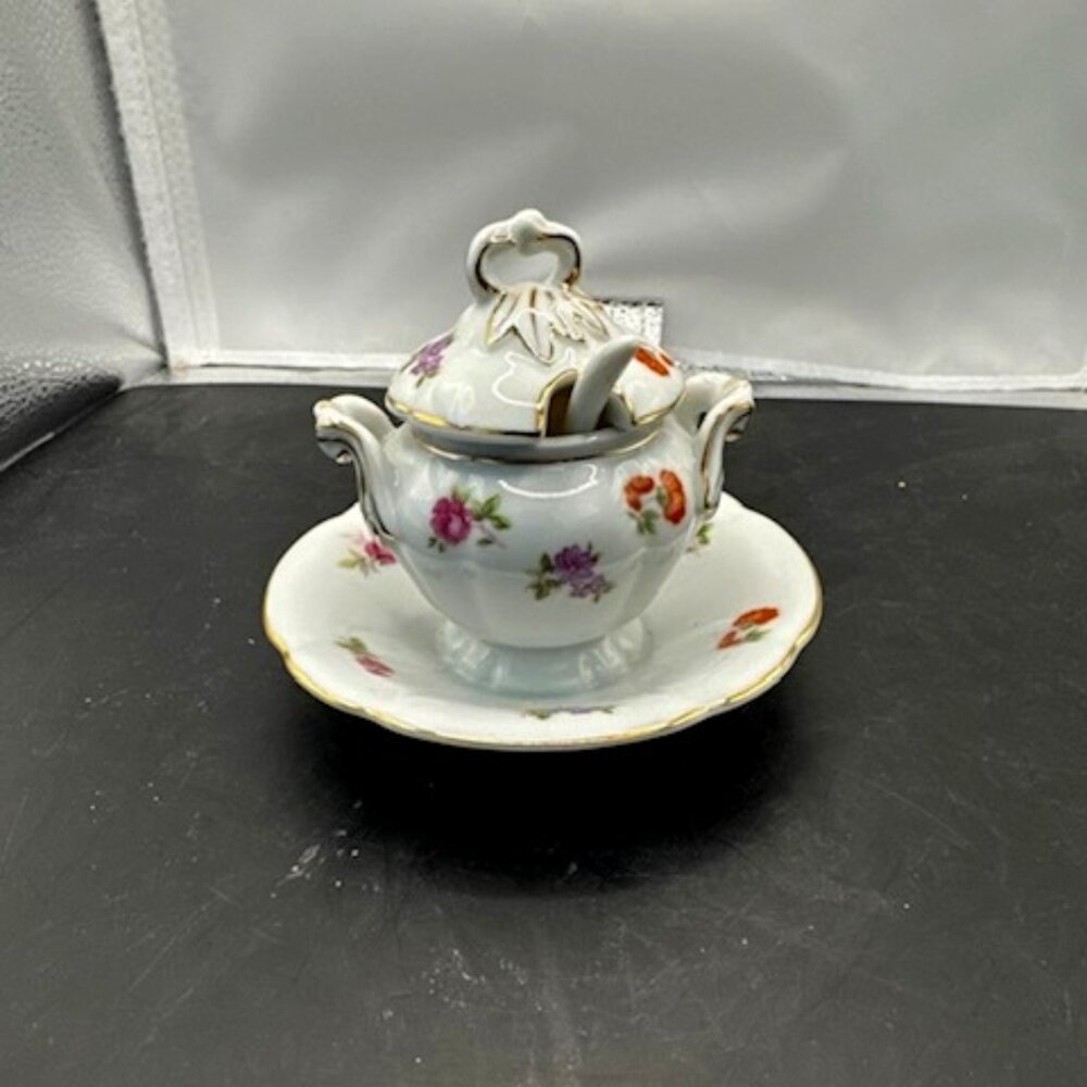 Vintage Lefton Sugar/Jam Bowl With Attached Saucer and Come With The Spoon
